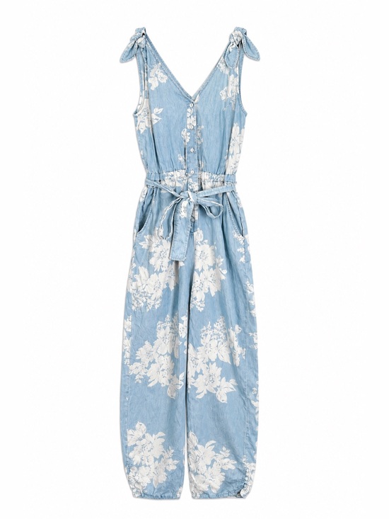 Pilcro Pants - Pilcro Anthropologie Chambray Floral Jumpsuit XS Blue White Tie Waist Cropped